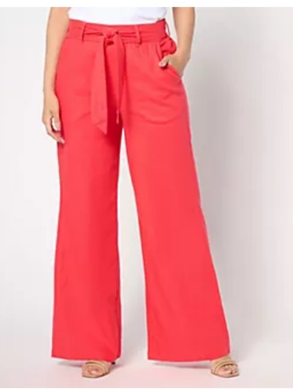 Lawrence Zarian Stretch Linen Blend‎ Wide-Leg Tie-Waist Pant Coral Red Size XS